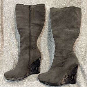 Gray Suede Snake Print Wedge Boots